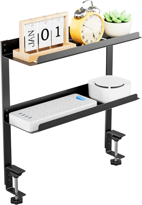 Black_Under_Desk_Cable_Management_Double_Tray_Metal_Mesh_Cord_Organizer_With_U_Clamp_Mount_Adjustable_Hole_Cable_Tray_With_Wire_Management_Cable_Raceway_For_Home_Office_Standing_Desk_(Double_Tray)