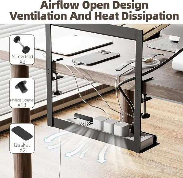 Black_Under_Desk_Cable_Management_Double_Tray_Metal_Mesh_Cord_Organizer_With_U_Clamp_Mount_Adjustable_Hole_Cable_Tray_With_Wire_Management_Cable_Raceway_For_Home_Office_Standing_Desk_(Double_Tray)