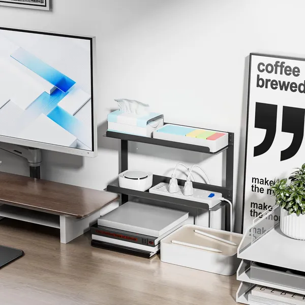 Black_Under_Desk_Cable_Management_Double_Tray_Metal_Mesh_Cord_Organizer_With_U_Clamp_Mount_Adjustable_Hole_Cable_Tray_With_Wire_Management_Cable_Raceway_For_Home_Office_Standing_Desk_(Double_Tray)