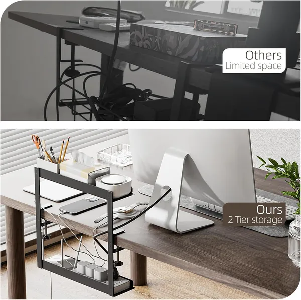 Black_Under_Desk_Cable_Management_Double_Tray_Metal_Mesh_Cord_Organizer_With_U_Clamp_Mount_Adjustable_Hole_Cable_Tray_With_Wire_Management_Cable_Raceway_For_Home_Office_Standing_Desk_(Double_Tray)