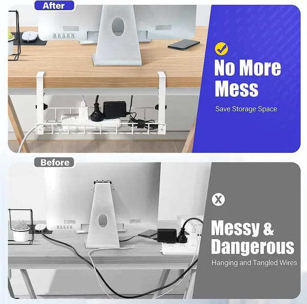 White_Cable_Tray_2-Pack_No_Drill_Wire_Management_Rack_With_Clamp_|_Under_Desk_Organizer_For_Cords_Power_Strips_&_Accessories_|_Metal_|_No_Damage_To_Desk