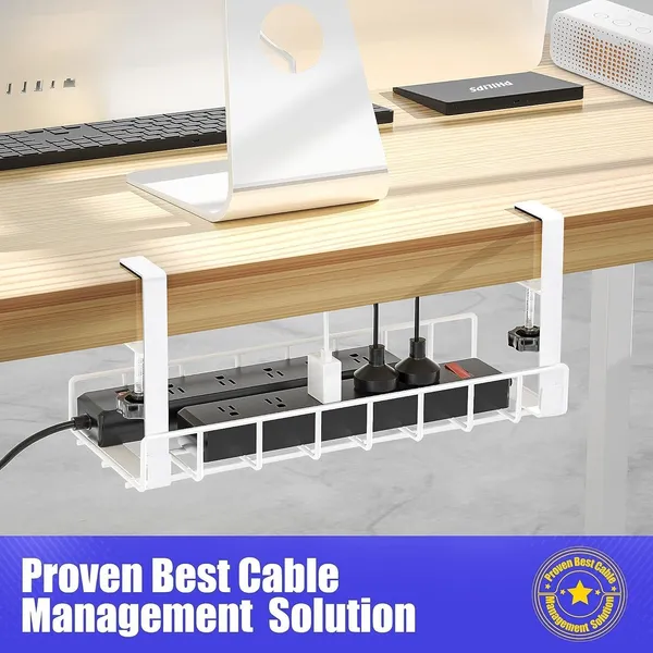 White_Cable_Tray_2-Pack_No_Drill_Wire_Management_Rack_With_Clamp_|_Under_Desk_Organizer_For_Cords_Power_Strips_&_Accessories_|_Metal_|_No_Damage_To_Desk