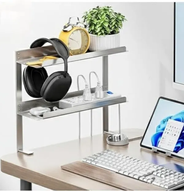 Black_Gi_Galvanized_Steel_Under_Desk_Cable_Management_Double_Tray_Silver_Finish_Heavy-Duty_Cord_Organizer_With_U_Clamp_Mount_Adjustable_Hod_For_Home_Office_Standing_Desk_&_Gaming_Setup