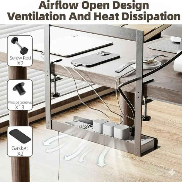 Black_Gi_Galvanized_Steel_Under_Desk_Cable_Management_Double_Tray_Silver_Finish_Heavy-Duty_Cord_Organizer_With_U_Clamp_Mount_Adjustable_Hod_For_Home_Office_Standing_Desk_&_Gaming_Setup