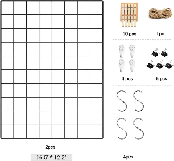 Black_Wall_Grid_For_Photo_Metal_Wall_Grid_Panel_Diy_Wire_Photo_Hanging_Display_Set_Of_2_With_S_Hook_Clip_Hemp_Cord_16.5_X_12.2_Inches