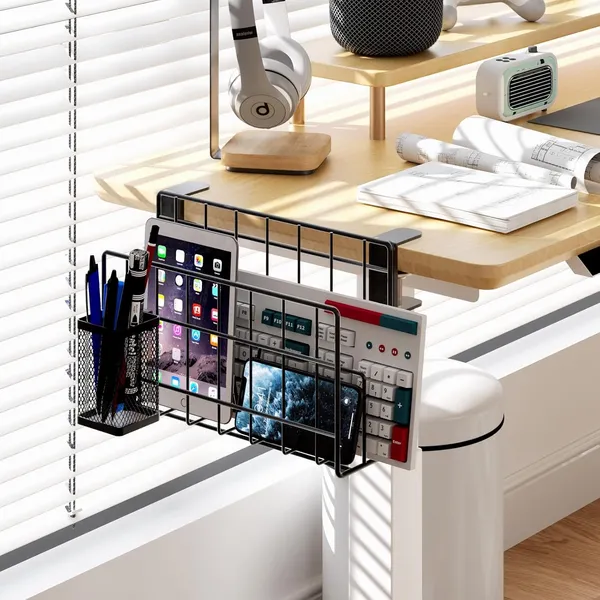 Black_Desk_Side_Storage_Vertical_Laptop_Stand_Laptop_Holder_Desk_With_Pen_Holder_Clamp_On_Shelf