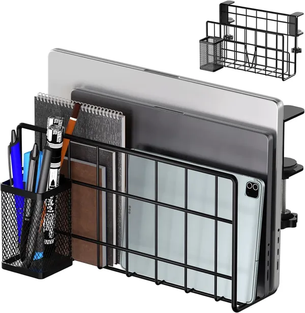 Black_Desk_Side_Storage_Vertical_Laptop_Stand_Laptop_Holder_Desk_With_Pen_Holder_Clamp_On_Shelf