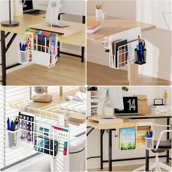 White_Desk_Side_Storage_Vertical_Laptop_Stand_Laptop_Holder_Desk_With_Pen_Holder_Clamp_On_Shelf