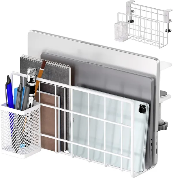 White_Desk_Side_Storage_Vertical_Laptop_Stand_Laptop_Holder_Desk_With_Pen_Holder_Clamp_On_Shelf