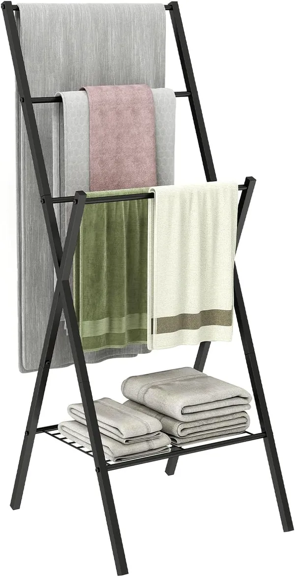 Black_Freestanding_Towel_Rack,43.7InchTall_4_Layer_Towel_Holder,_Blanket_Ladders_for_Living_Room,Bathroom,Blanket_Rack_with_Storage