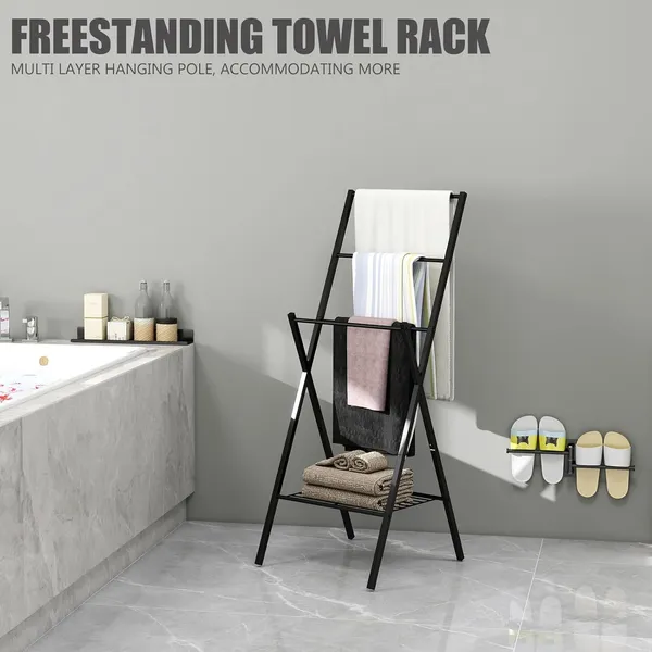 Black_Freestanding_Towel_Rack,43.7InchTall_4_Layer_Towel_Holder,_Blanket_Ladders_for_Living_Room,Bathroom,Blanket_Rack_with_Storage