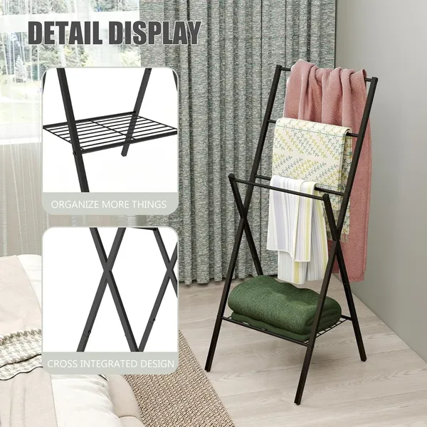 Black_Freestanding_Towel_Rack,43.7InchTall_4_Layer_Towel_Holder,_Blanket_Ladders_for_Living_Room,Bathroom,Blanket_Rack_with_Storage