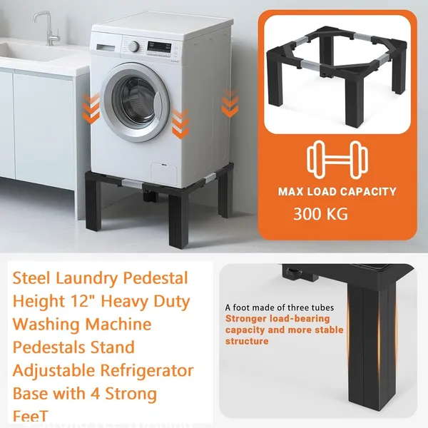 Black_Steel_Laundry_Pedestal_Heavy_Duty_Washing_Machine_Stand_Adjustable_Refrigerator_Base_12_Inch_Height_21-29_Inch_Universal_Appliance_Stand_4_Strong_Feet_Multi-Functional