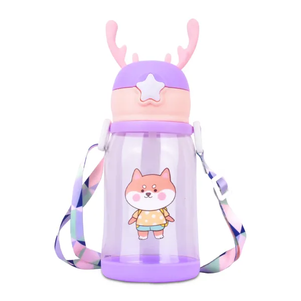 Purple_&_Peach_Multi-Cartoon_Design_Water_Bottle_With_Straw_&_Strap_For_Kids