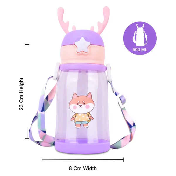 Purple_&_Peach_Multi-Cartoon_Design_Water_Bottle_With_Straw_&_Strap_For_Kids