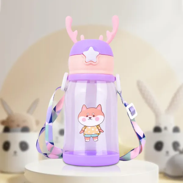 Purple_&_Peach_Multi-Cartoon_Design_Water_Bottle_With_Straw_&_Strap_For_Kids