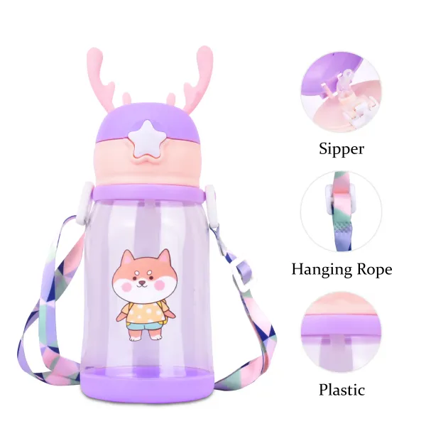 Purple_&_Peach_Multi-Cartoon_Design_Water_Bottle_With_Straw_&_Strap_For_Kids