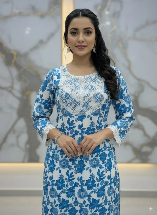 Blue_Floral_Lace_Sequin_Kurti_Viscose_Rayon_For_Women