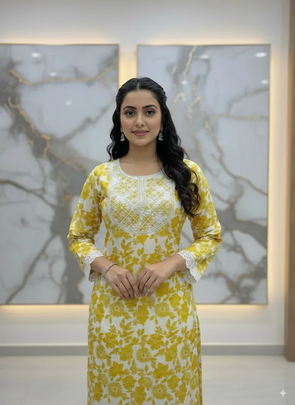 Yellow_Floral_Lace_Sequin_Kurti_Viscose_Rayon_For_Women
