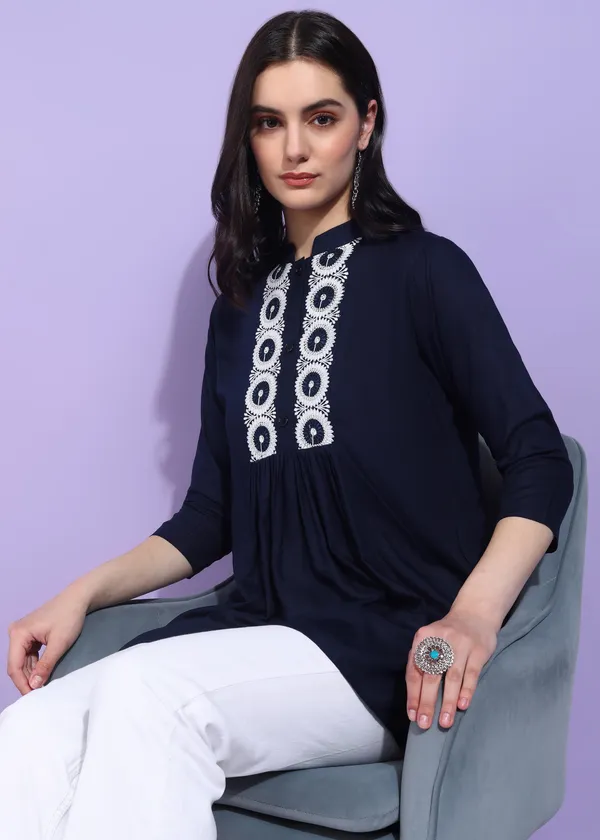 Blue_Embroidered_Kurti_Rayon_For_Women