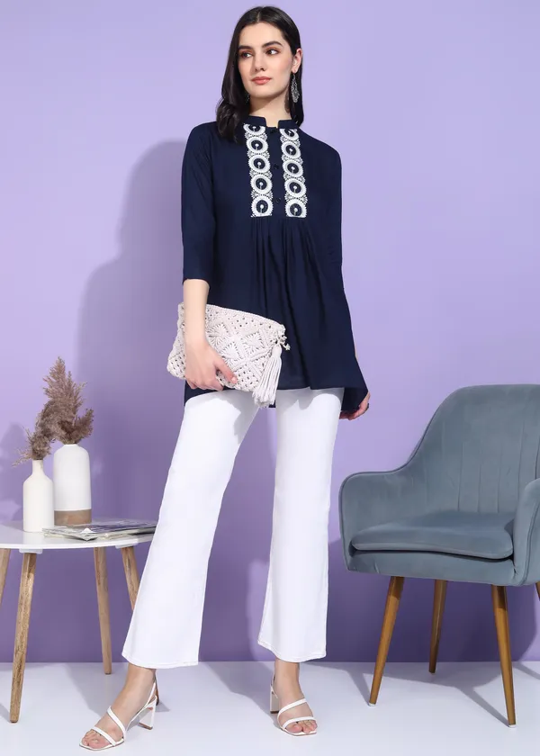 Blue_Embroidered_Kurti_Rayon_For_Women