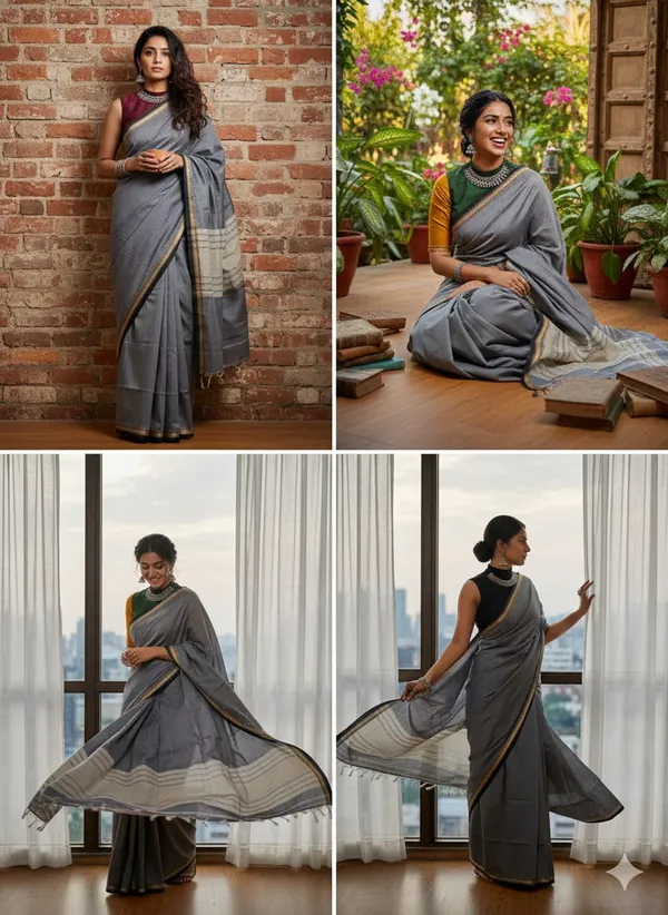 Steel_Grey_Gouthami_NarayanpethMasarasaised__Cotton_Saree_With_Kalamkari_1_Meter_Blouse_Free_For_Women