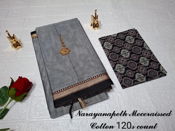 Steel_Grey_Gouthami_NarayanpethMasarasaised__Cotton_Saree_With_Kalamkari_1_Meter_Blouse_Free_For_Women