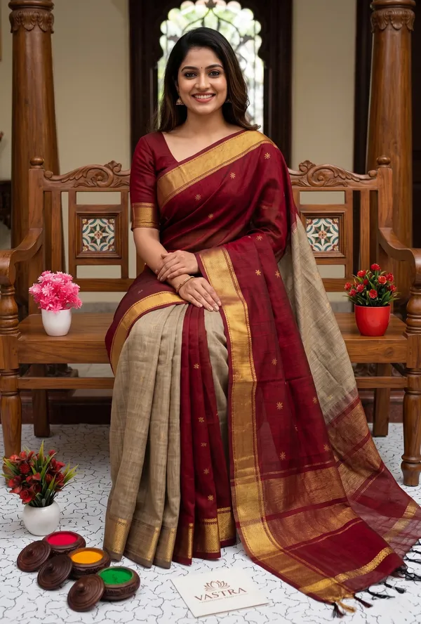 Beige_Creem_With_Red_Pallu_Maheshwari_Silk_Cotton_Saree_With_Kalamkari_1_Meter_Blouse_Free_For_Women