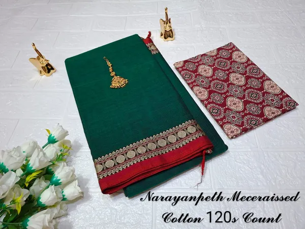 Botle_Green_Gopika_Narayanpet_Cotton_Masarasaised__And_Kalamkari_1_Meter_Matching_Blouse_Free_For_Women