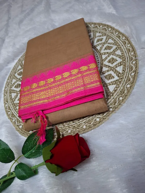 Beige_Kajal_Collection_Pure_Cotton_Saree_And_Kalamkari_1_Meter_Matching_Blouse_Free_For_Women