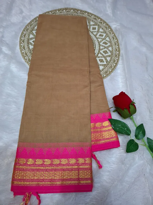 Beige_Kajal_Collection_Pure_Cotton_Saree_And_Kalamkari_1_Meter_Matching_Blouse_Free_For_Women