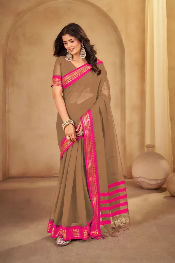Beige_Kajal_Collection_Pure_Cotton_Saree_And_Kalamkari_1_Meter_Matching_Blouse_Free_For_Women