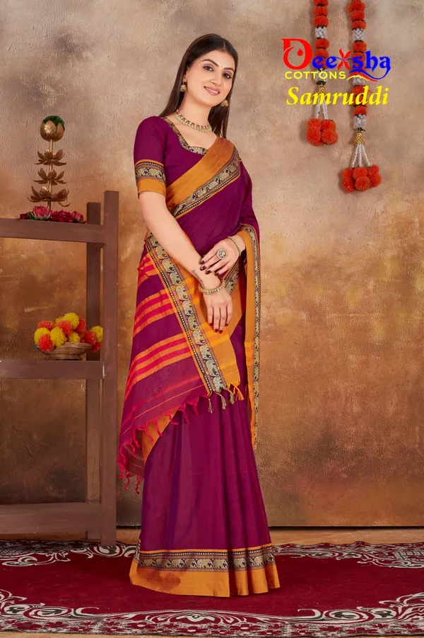Purple_Samruddhi_Collection_Narayanpet_Cotton_Masarasaised__Saree_And_Kalamkari_1_Meter_Matching_Blouse_Free_For_Women