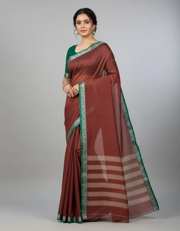 Wooden_Brown_Aragini_NarayanpethMasarasaised__Cotton_Saree_With_Kalamakari_1_Meter_Blouse_Free_For_Women