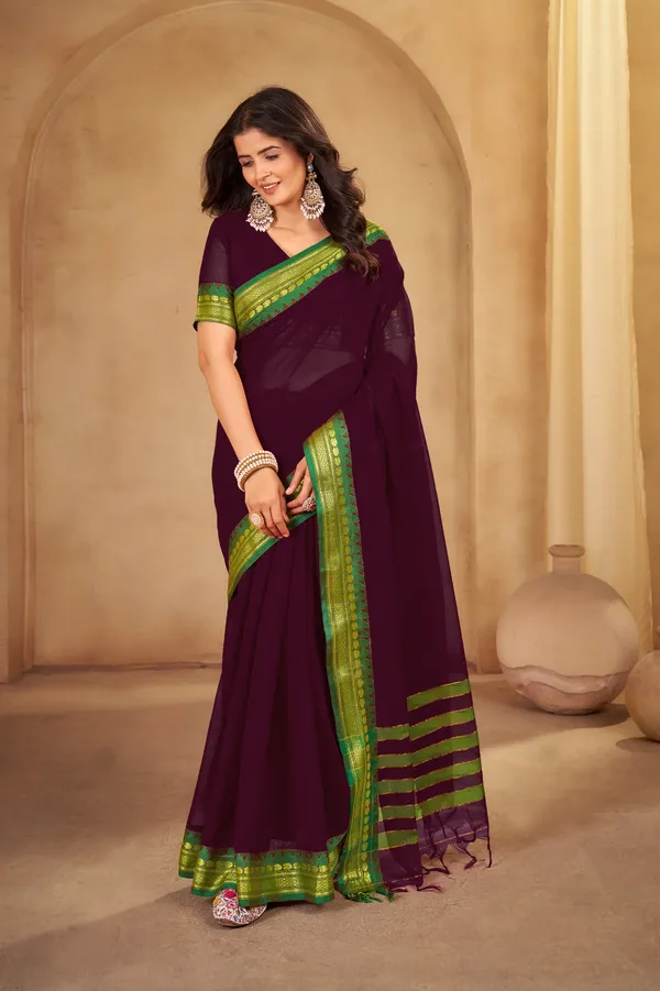 Coffee_Brown_Kajal_Collection_Pure_Cotton_Saree_And_Kalamkari_1_Meter_Matching_Blouse_Free_For_Women
