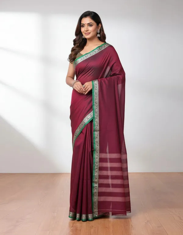 Maroon_Aragini_Collection_Narayan_Peth_Mercerised_Cotton_Saree_And_Kalamkari_1_Meter_Blouse_Free_For_Women