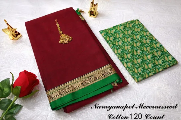 Maroon_Aragini_Collection_Narayan_Peth_Mercerised_Cotton_Saree_And_Kalamkari_1_Meter_Blouse_Free_For_Women