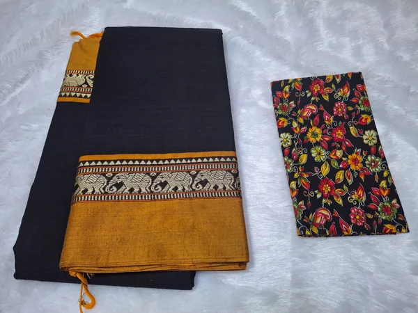 Black_With_Gold_Border_Narayanpeth_CottonMasarasaised__Saree_With_Kalamkari_1_Meter_Matching_Blouse_Free_For_Women
