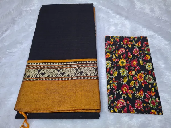 Black_With_Gold_Border_Narayanpeth_CottonMasarasaised__Saree_With_Kalamkari_1_Meter_Matching_Blouse_Free_For_Women