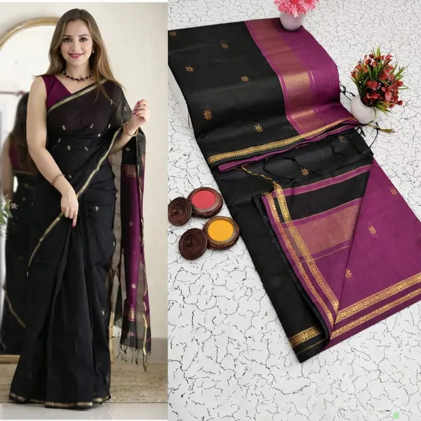 Black_With_Rani_Pallu_Maheshwari_Silk_Cotton_Saree_With_Kalamkari_1_Meter_Blouse_Free_For_Women