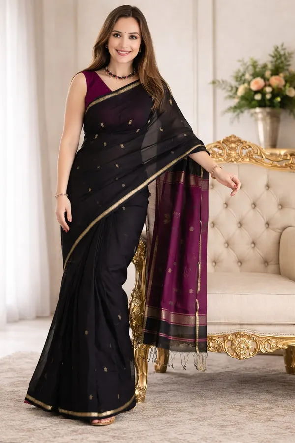Black_With_Rani_Pallu_Maheshwari_Silk_Cotton_Saree_With_Kalamkari_1_Meter_Blouse_Free_For_Women