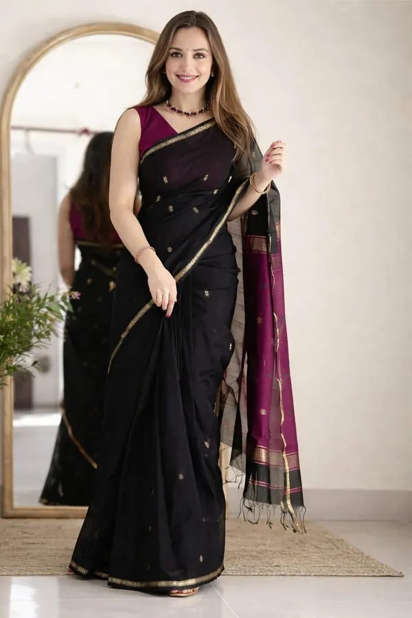 Black_With_Rani_Pallu_Maheshwari_Silk_Cotton_Saree_With_Kalamkari_1_Meter_Blouse_Free_For_Women