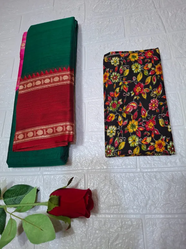 Botle_Green_Ganga_Jamuna_Arani_Gass_CottonMasarasaised__Saree_With_Kalamkari_1_Meter_Blouse_Free_For_Women