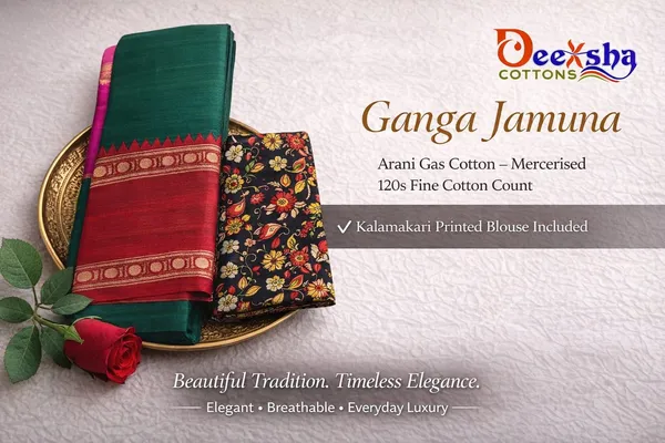 Botle_Green_Ganga_Jamuna_Arani_Gass_CottonMasarasaised__Saree_With_Kalamkari_1_Meter_Blouse_Free_For_Women