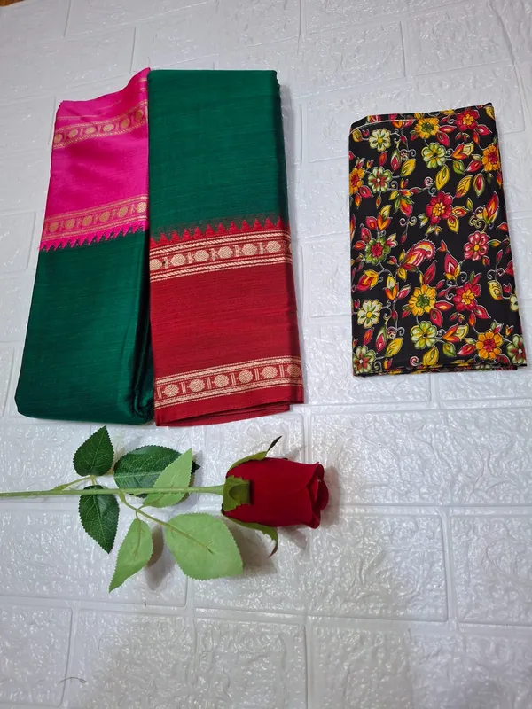 Botle_Green_Ganga_Jamuna_Arani_Gass_CottonMasarasaised__Saree_With_Kalamkari_1_Meter_Blouse_Free_For_Women