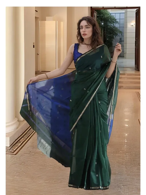 Bottle_green_with_royal_blue_maheshwari_cotton_silk_saree