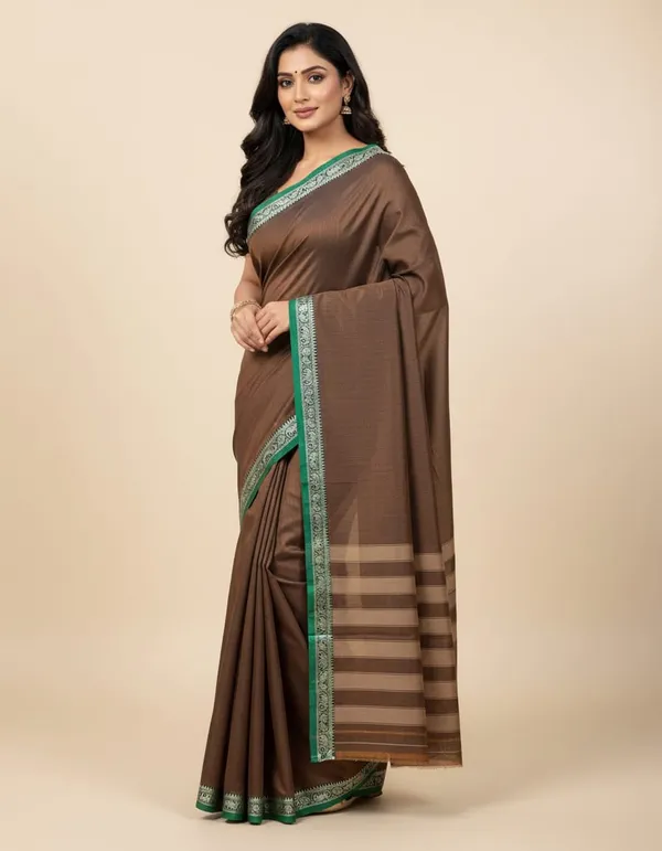 Brown_Aragini_NarayanpethMasarasaised__Cotton_Saree_With_Kalamakari_1_Meter_Blouse_Free_For_Women