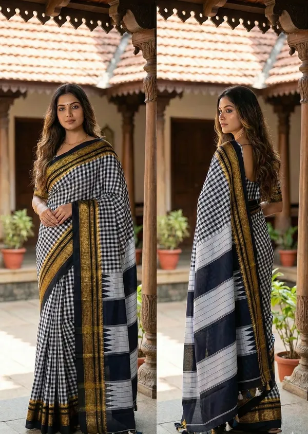 Small_Checks_Ilakal_pure_silk_cotton_saree_with_Tope_Teni_Pallu._Original_Quality.