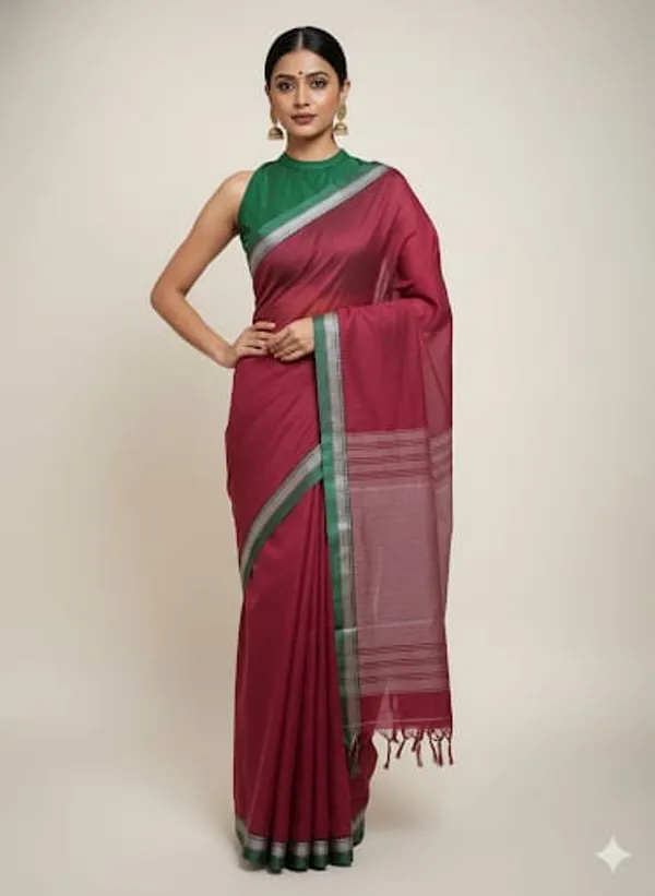 Dark_Rani_Gouthami_Narayanpet_CottonMasarasaised__Saee_With_Kalamkari_1_Meter_Matching_Blouse_Free_For_Women