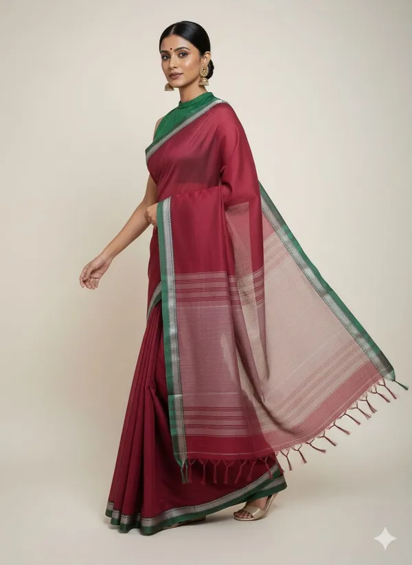 Dark_Rani_Gouthami_Narayanpet_CottonMasarasaised__Saee_With_Kalamkari_1_Meter_Matching_Blouse_Free_For_Women